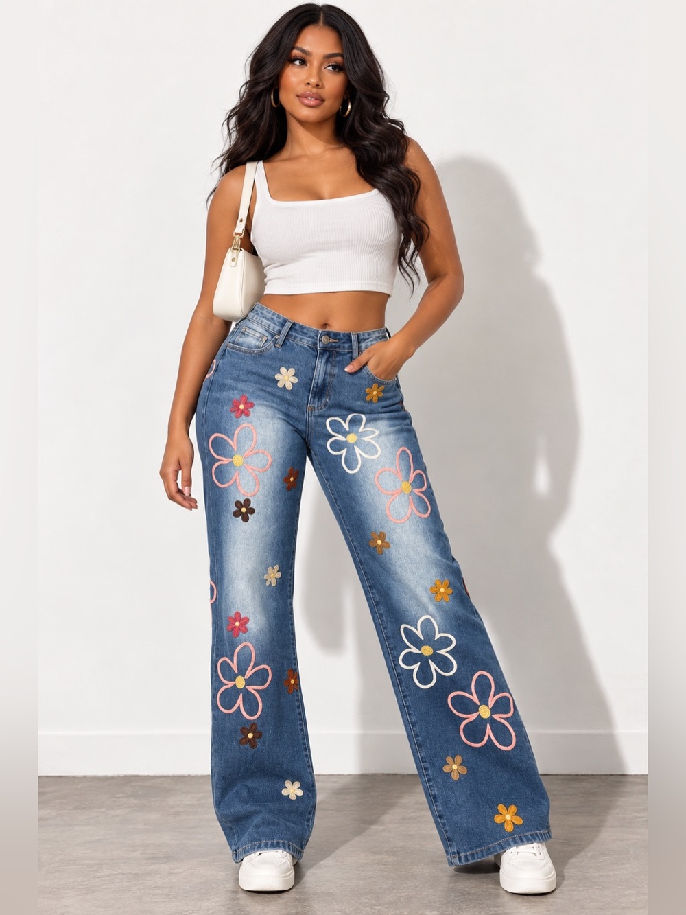 BAR x Oli & Hali Floral Embroidered Wide Leg Jeans Y2K Boho Blue Denim